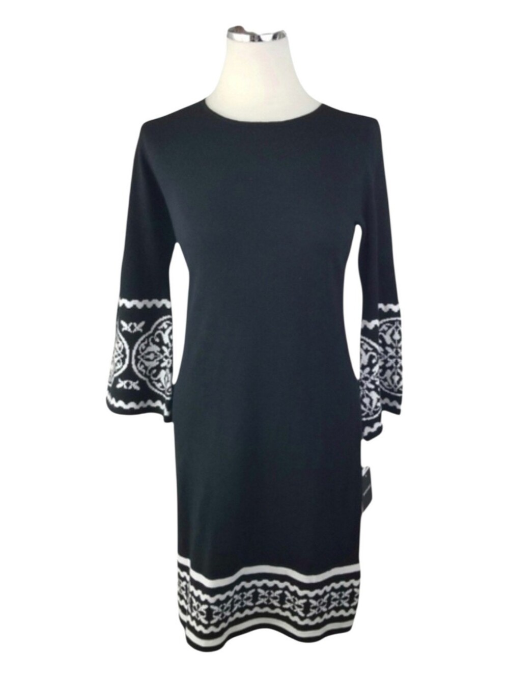 R&K Black Knit Sweater Dress Small White Boho Medallion Border Cowl Neck Mod Mid
